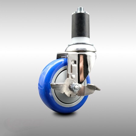 Service Caster 4 Inch 316SS Blue Polyurethane Swivel 1-1/2 Inch Expanding Stem Caster Brake SCC-SS316EX20S414-PPUB-BLUE-TLB-112